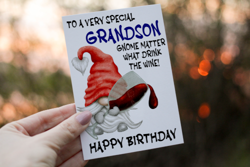 Special Grandson Drink The Wine Gnome Birthday Card, Gonk Card - Click Image to Close